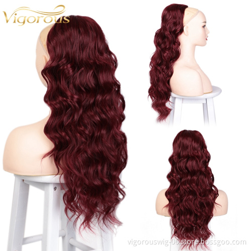 Vigorous 24 inch Body Wave Ponytail Extension Drawstring Heat Resistant Curly Wavy Synthetic Ponytail Hairpiece for Women Red